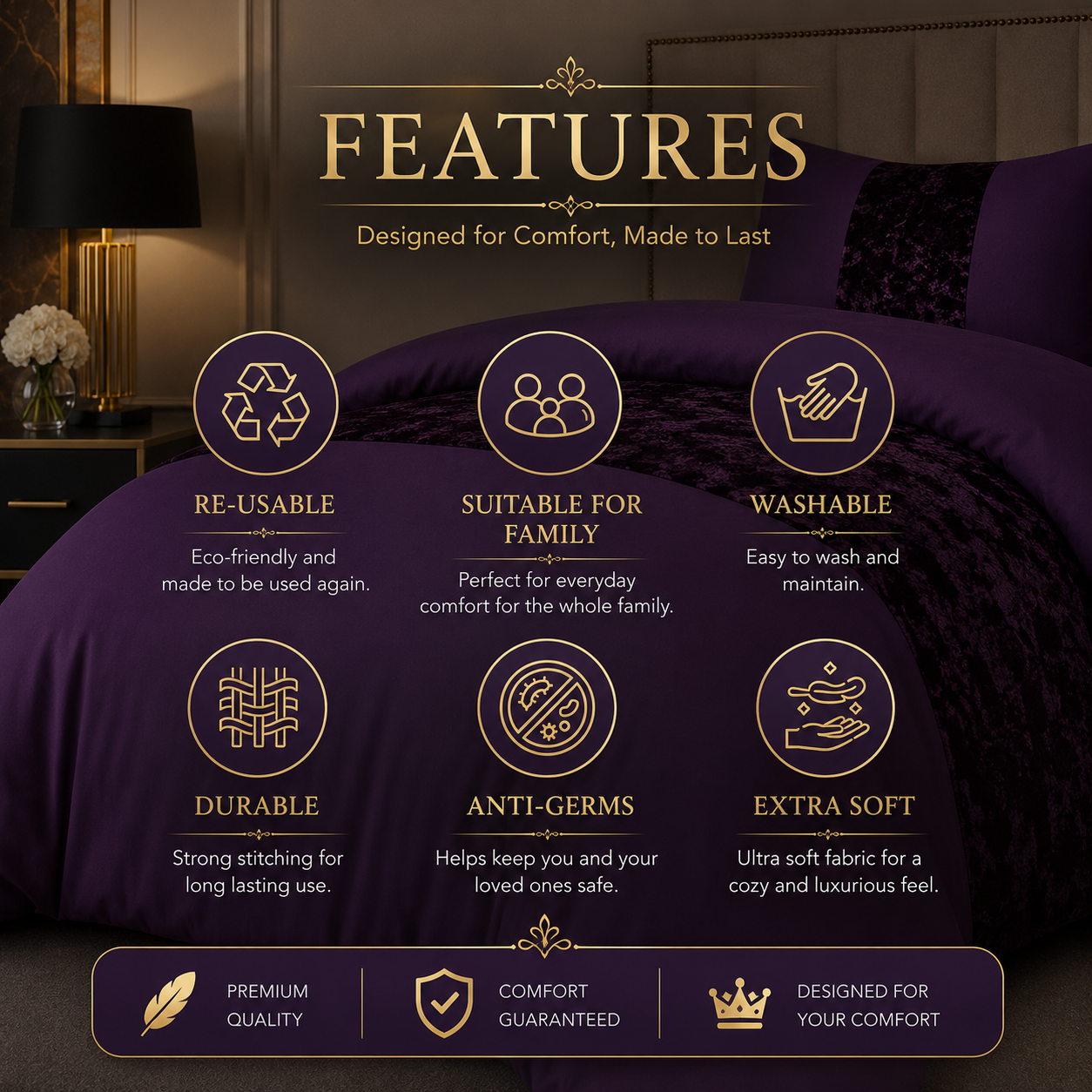 ZUAA Elegant Panel Velvet Duvet Set with 2 Pillowcases – Plush Softness, Sophisticated Style & Available in All Bed Sizes