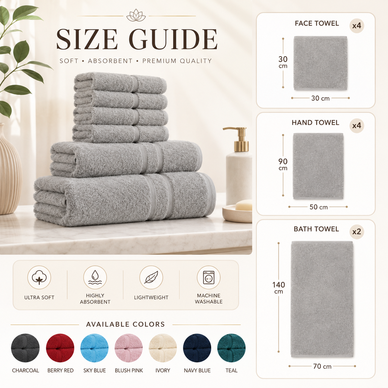 ZUAA Ultra Soft 10-Piece Cotton Towel Set – Quick Dry, Highly Absorbent Bath Towels for Home & Hotel