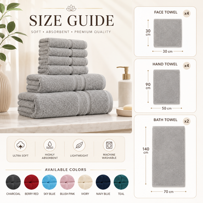 ZUAA Ultra Soft 10-Piece Cotton Towel Set – Quick Dry, Highly Absorbent Bath Towels for Home & Hotel