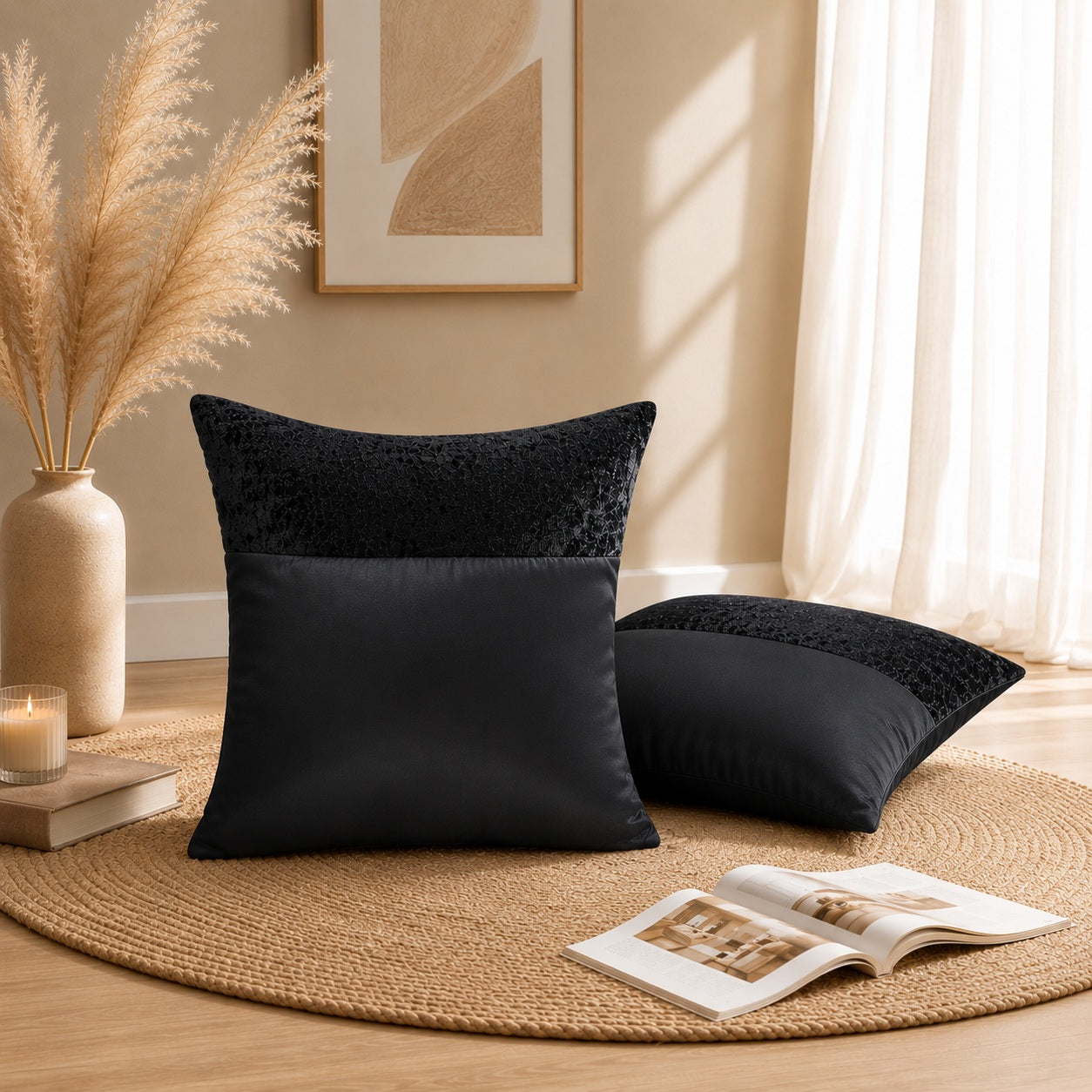 Luxury Velvet & Satin Accent Pillow Slip | Dual-Texture Throw Cushion Shell with Concealed Zipper | Single Pack