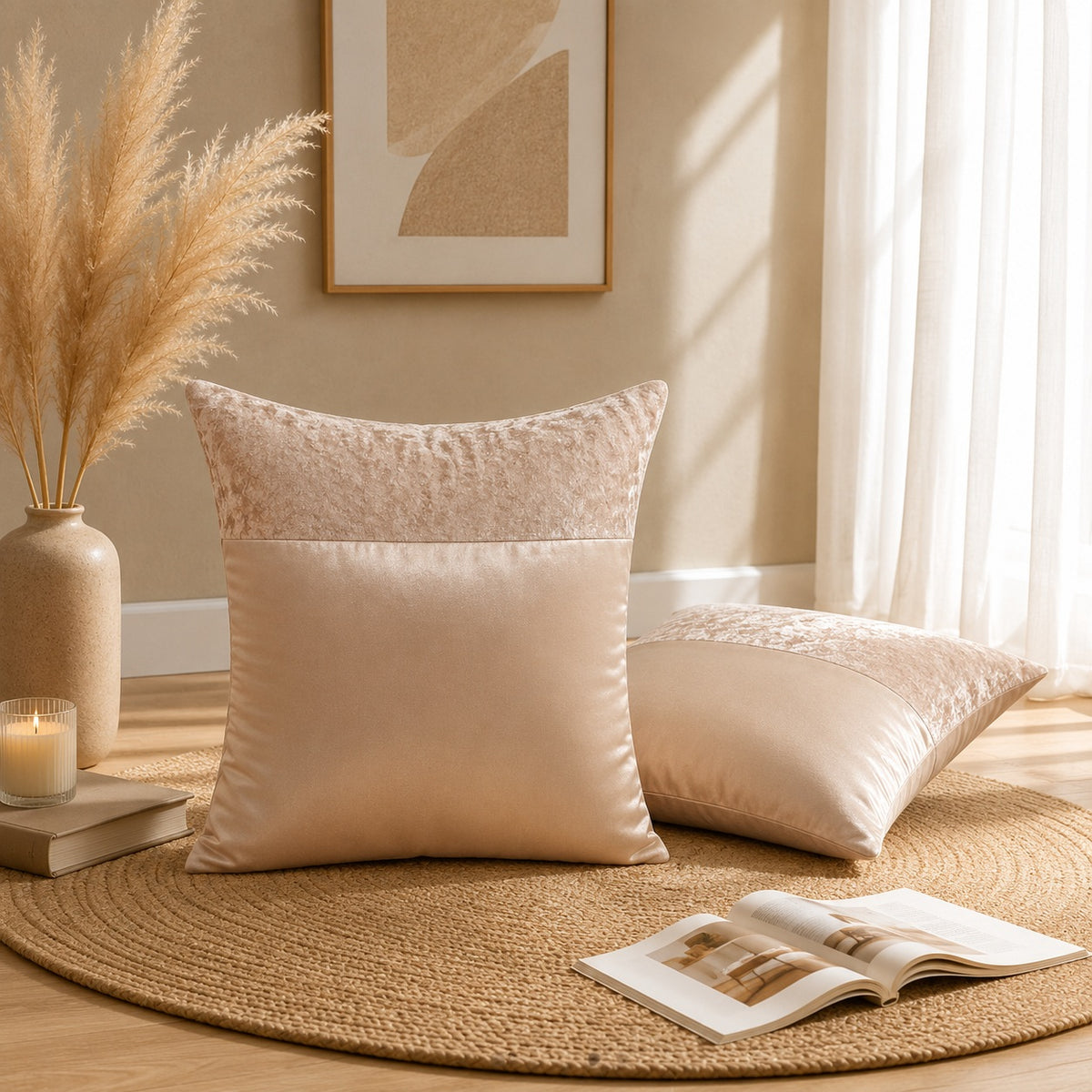 Luxury Velvet & Satin Accent Pillow Slip | Dual-Texture Throw Cushion Shell with Concealed Zipper | Single Pack