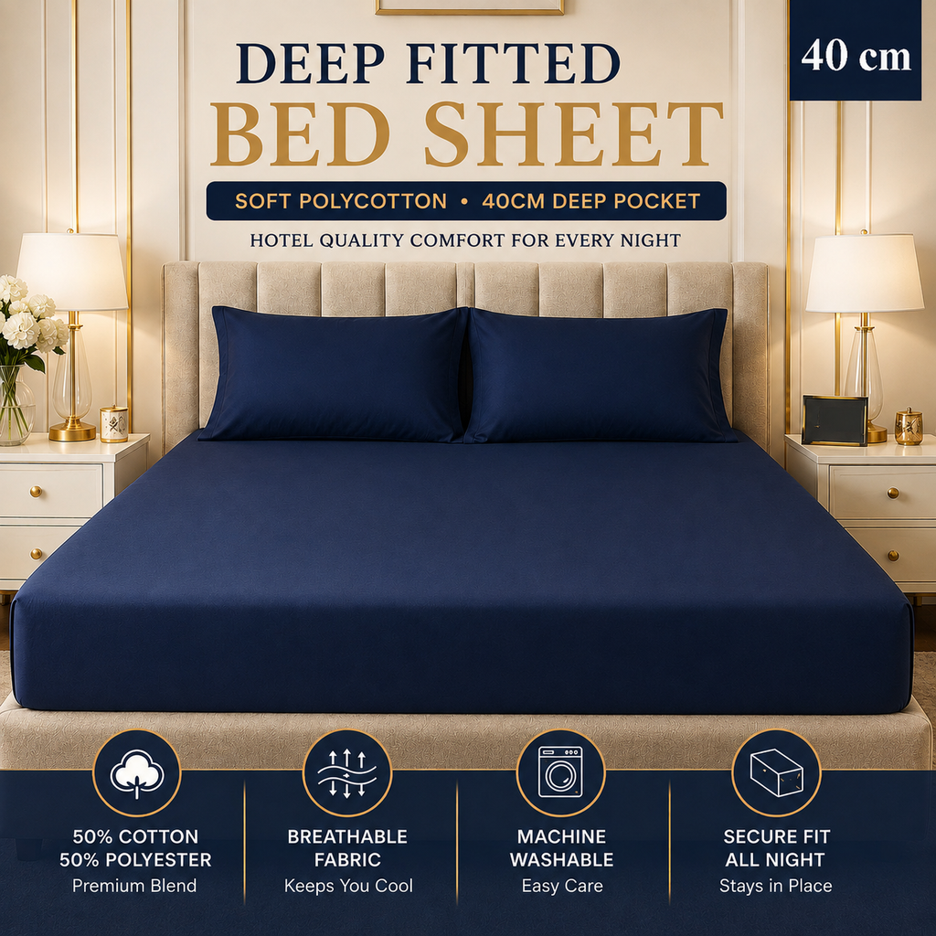 Extra Deep Fitted Mattress Cover (40cm Pocket) – Soft & Breathable Polycotton Bed Sheet | Non-Slip Snug Fit for Single, Double, King & Super King Beds